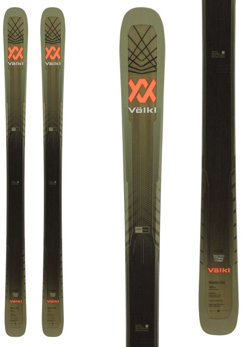 Volkl Mantra 102 Skis 2024 - Olive green skis with black bindings and a textured top sheet.
