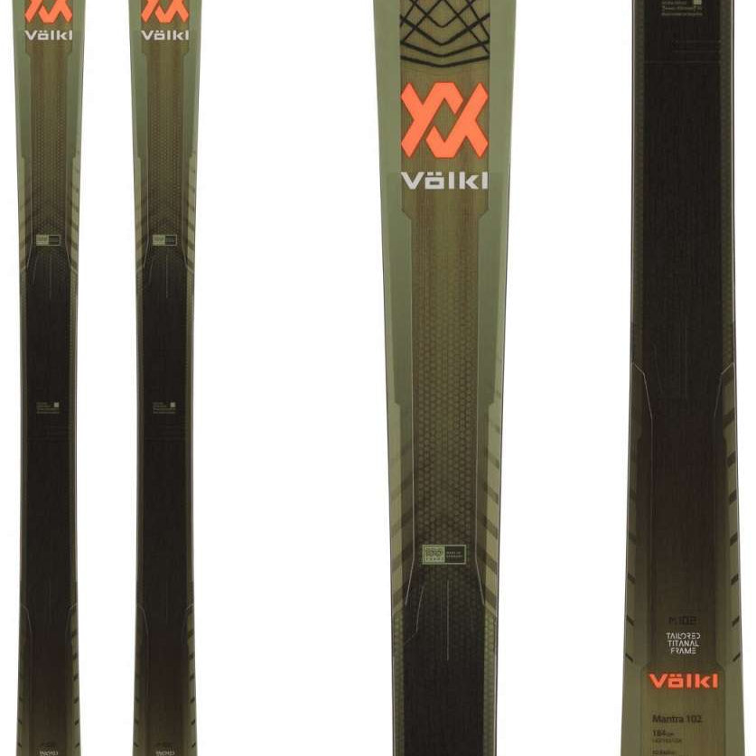 Volkl Mantra 102 Skis 2024 - Olive green skis with black bindings and a textured top sheet.
