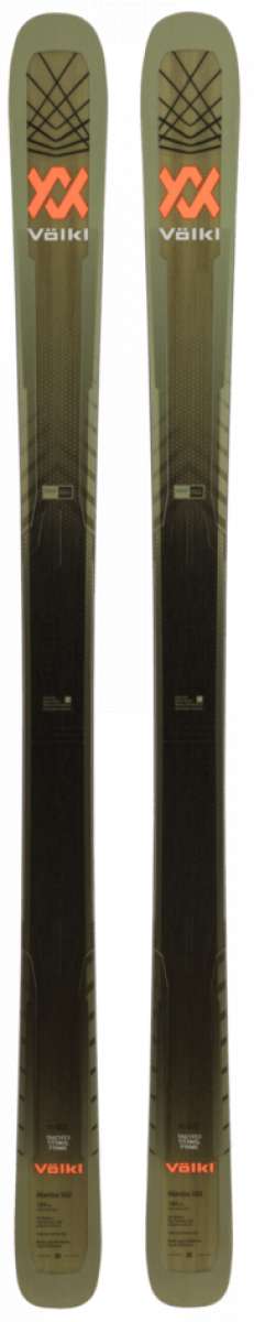 Volkl Mantra 102 Skis 2024 - Dark-colored skis with a subtle pattern on top and a black base.