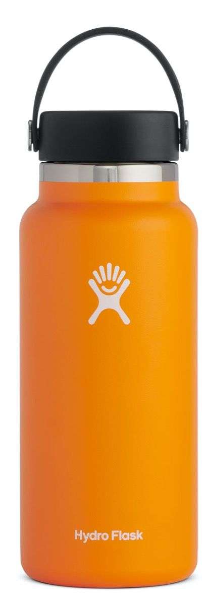 Hydro Flask - A wide-mouth water bottle with a screw-on lid, featuring a silver finish and a white logo on the front.