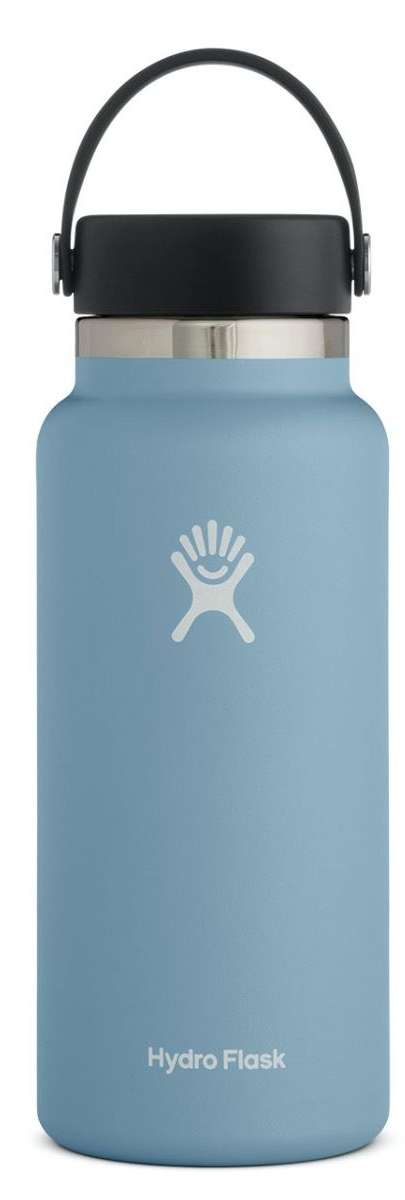 Hydro Flask - A wide-mouth water bottle with a screw-on lid, featuring a stainless steel body and a clear plastic cap.