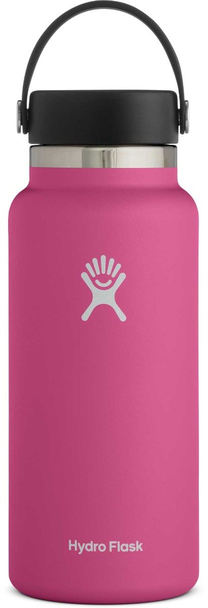 Hydro Flask - A wide-mouth water bottle with a screw-on lid, featuring a stainless steel body and a clear plastic cap.