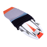 Hyperlite Blunt Nose Surf Sock 2023 - A gray sock with a blue stripe and orange tip, wrapped around a surfboard fin.