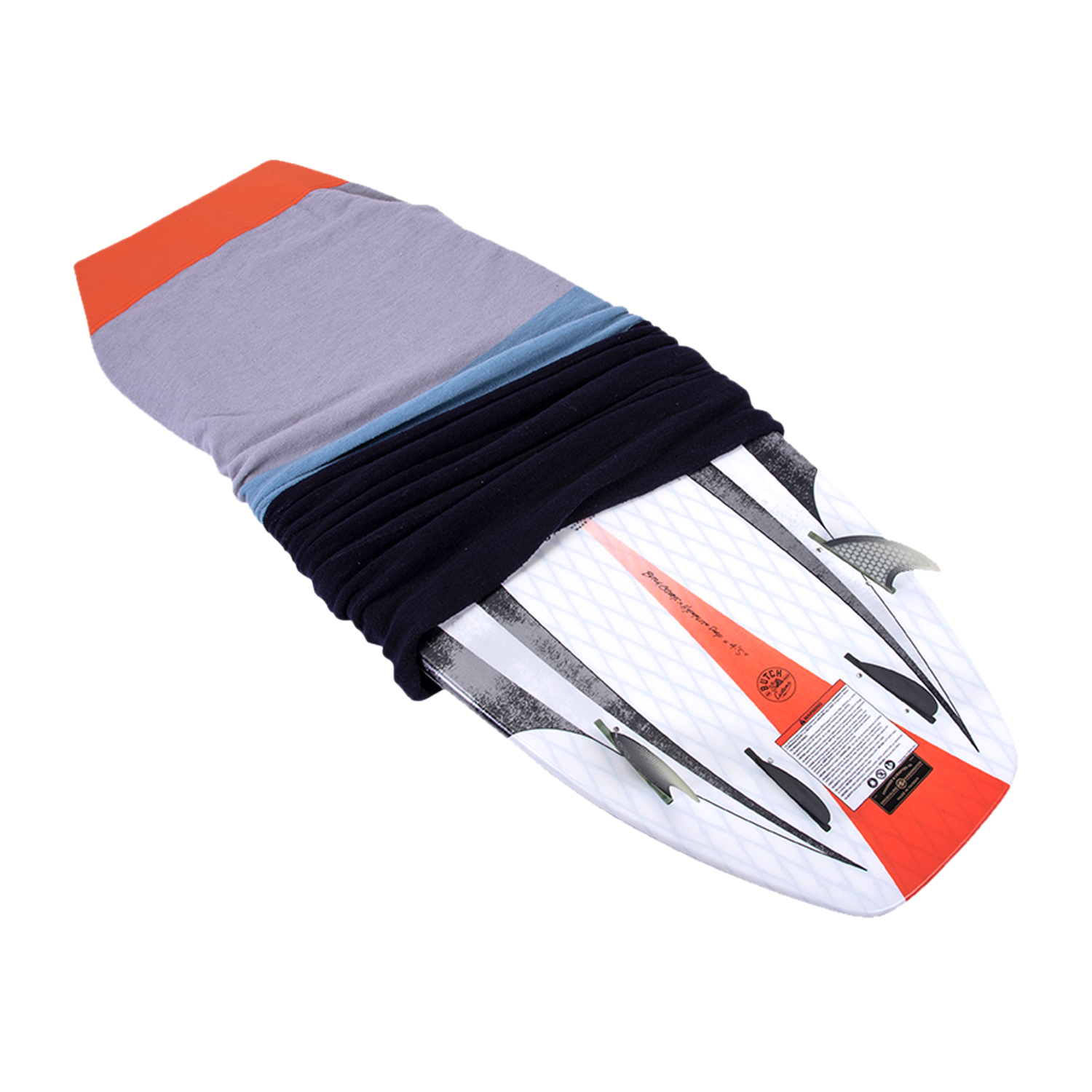 Hyperlite Blunt Nose Surf Sock 2023 - A gray sock with a blue stripe and orange tip, wrapped around a surfboard fin.