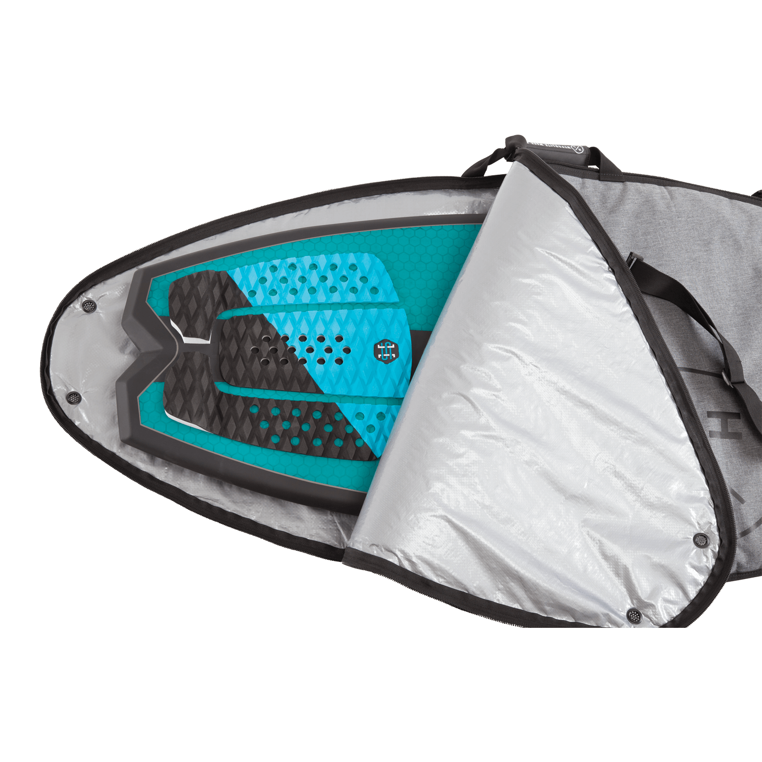 Hyperlite Wakesurf Bag 2023 - Gray bag with black straps and a zippered top, featuring a handle on one end.