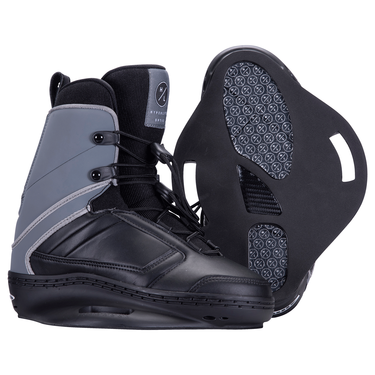 Hyperlite Junior's Optic 2-4 Wake Bindings 2023 - A pair of black wake bindings with white accents and a circular logo on the top strap.