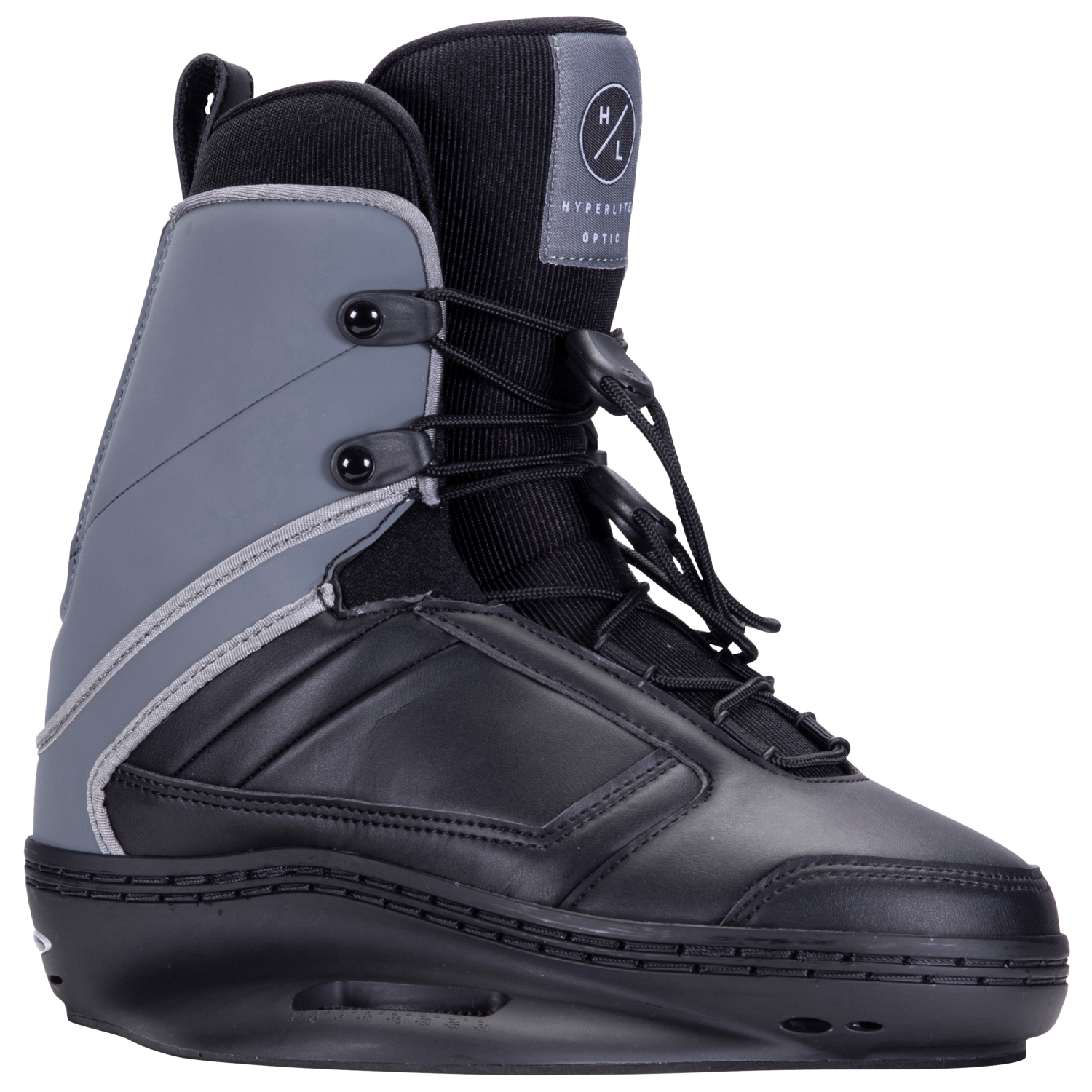 Hyperlite Junior's Optic 2-4 Wake Bindings 2023 - A pair of black and gray wake bindings with a white logo on the side.