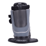 Hyperlite Junior's Optic 2-4 Wake Bindings 2023 - A pair of black bindings with silver buckles and straps, featuring a sleek design on a white background.