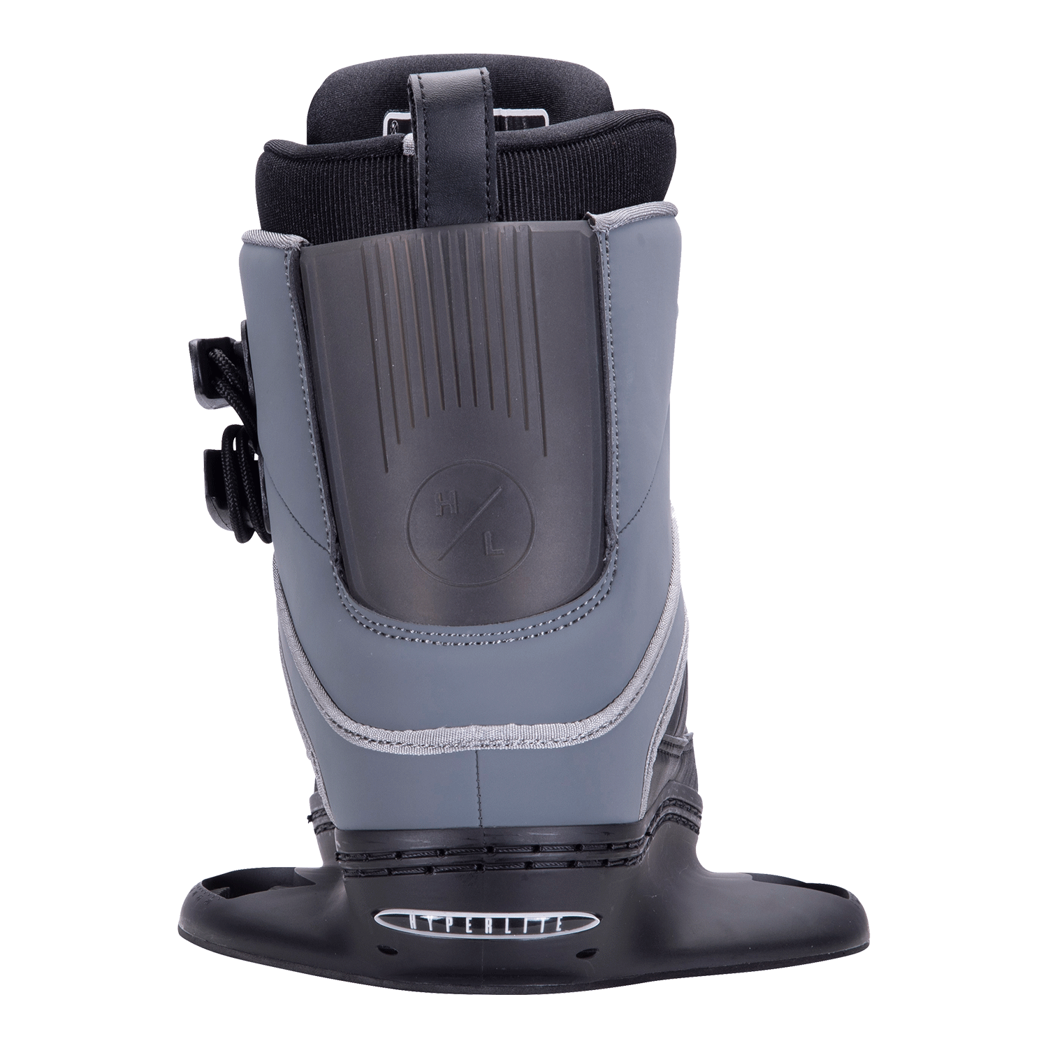 Hyperlite Junior's Optic 2-4 Wake Bindings 2023 - A pair of black bindings with silver buckles and straps, featuring a sleek design on a white background.