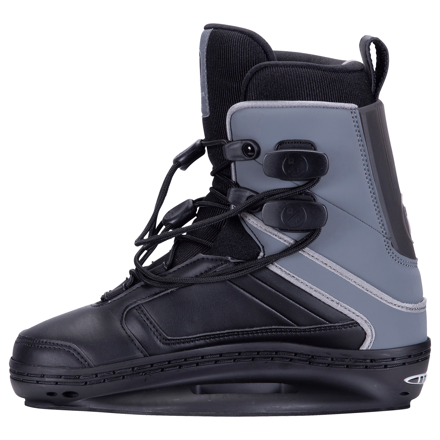 Hyperlite Junior's Optic 2-4 Wake Bindings 2023 - A pair of black wake bindings with silver buckles and straps.