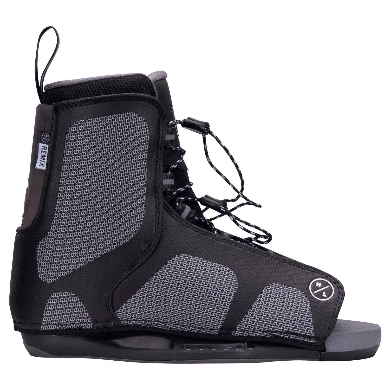 Hyperlite Remix Wake Bindings 2023 - A black binding with a white logo on the side and a strap that wraps around the top of the foot.