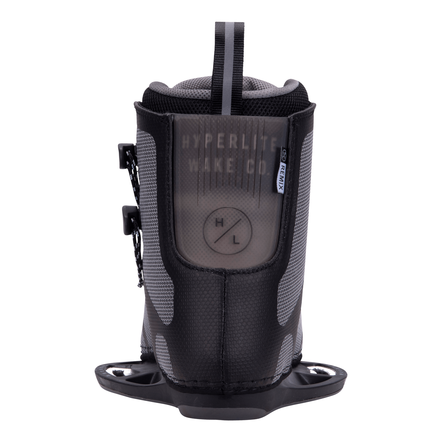Hyperlite Remix Wake Bindings 2023 - A black wakeboard binding with a white logo on the top strap and a silver buckle.