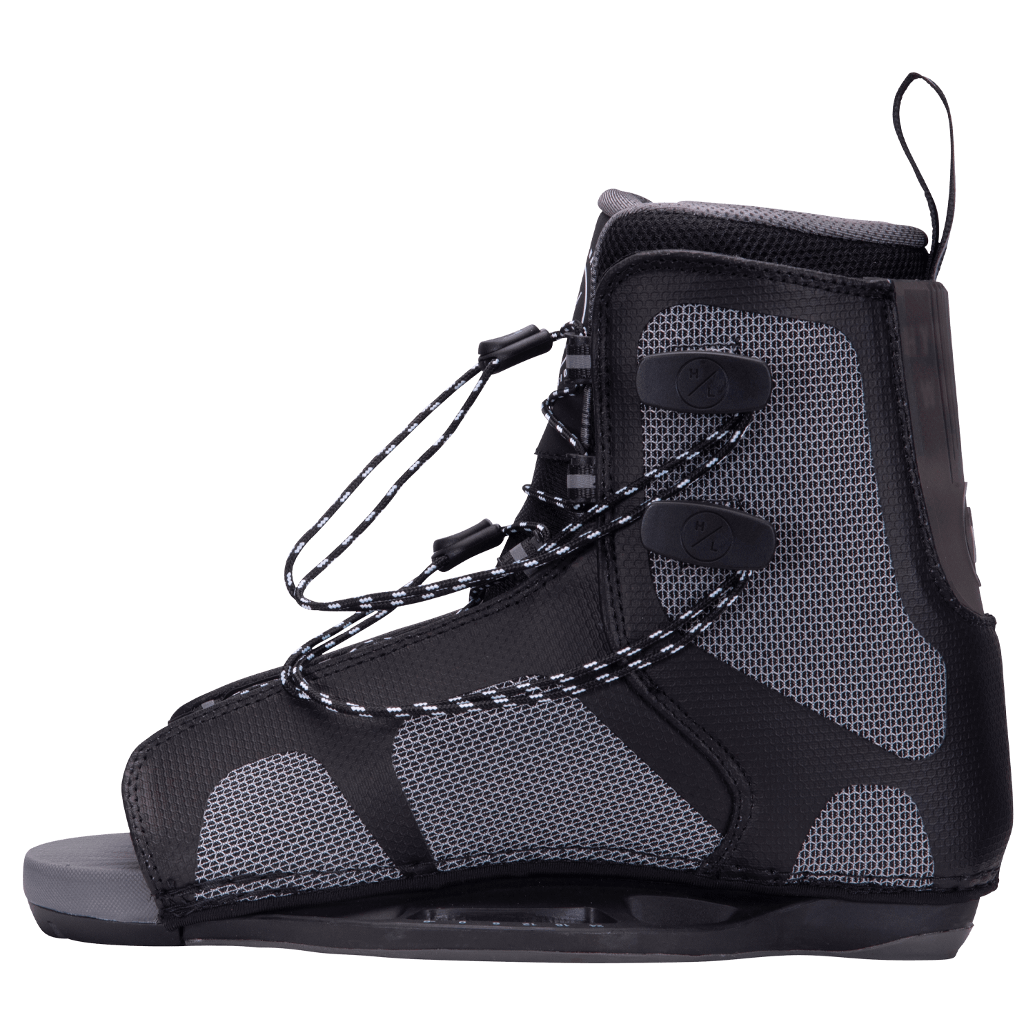 Hyperlite Remix Wake Bindings 2023 - A pair of black wake bindings with a mesh panel on the side and a strap that goes across the top of the foot.