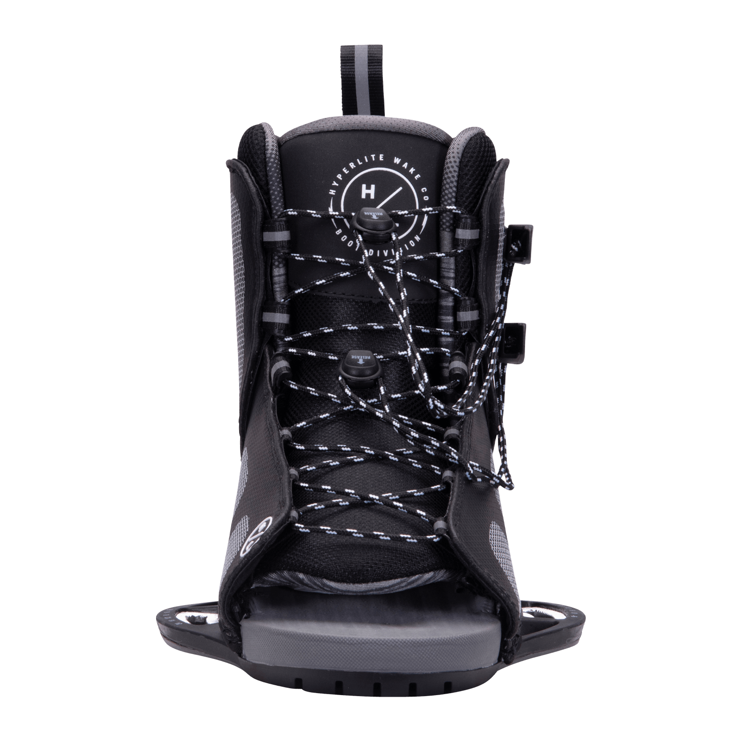 Hyperlite Remix Wake Bindings 2023 - A black wakeboard binding with a white logo on the top strap and a silver buckle.