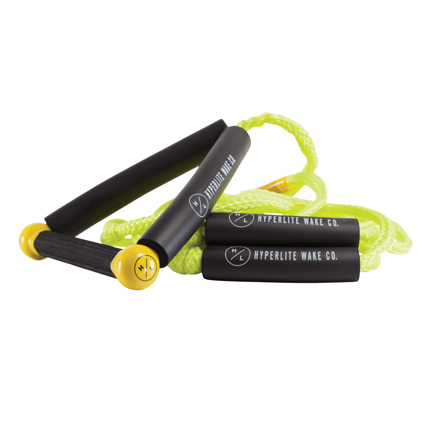 Hyperlite 25 Surf Rope w/Handle - A black rope with a yellow handle and white lettering, coiled on its side.
