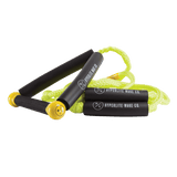 Hyperlite 25 Surf Rope w/Handle - A black rope with a yellow handle and white lettering, coiled on its side.