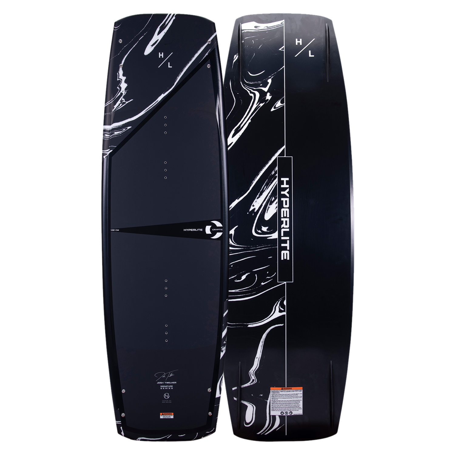 Hyperlite - Junior's 128 Cryptic Wakeboard 2023 is black with white swirls and a black strap.