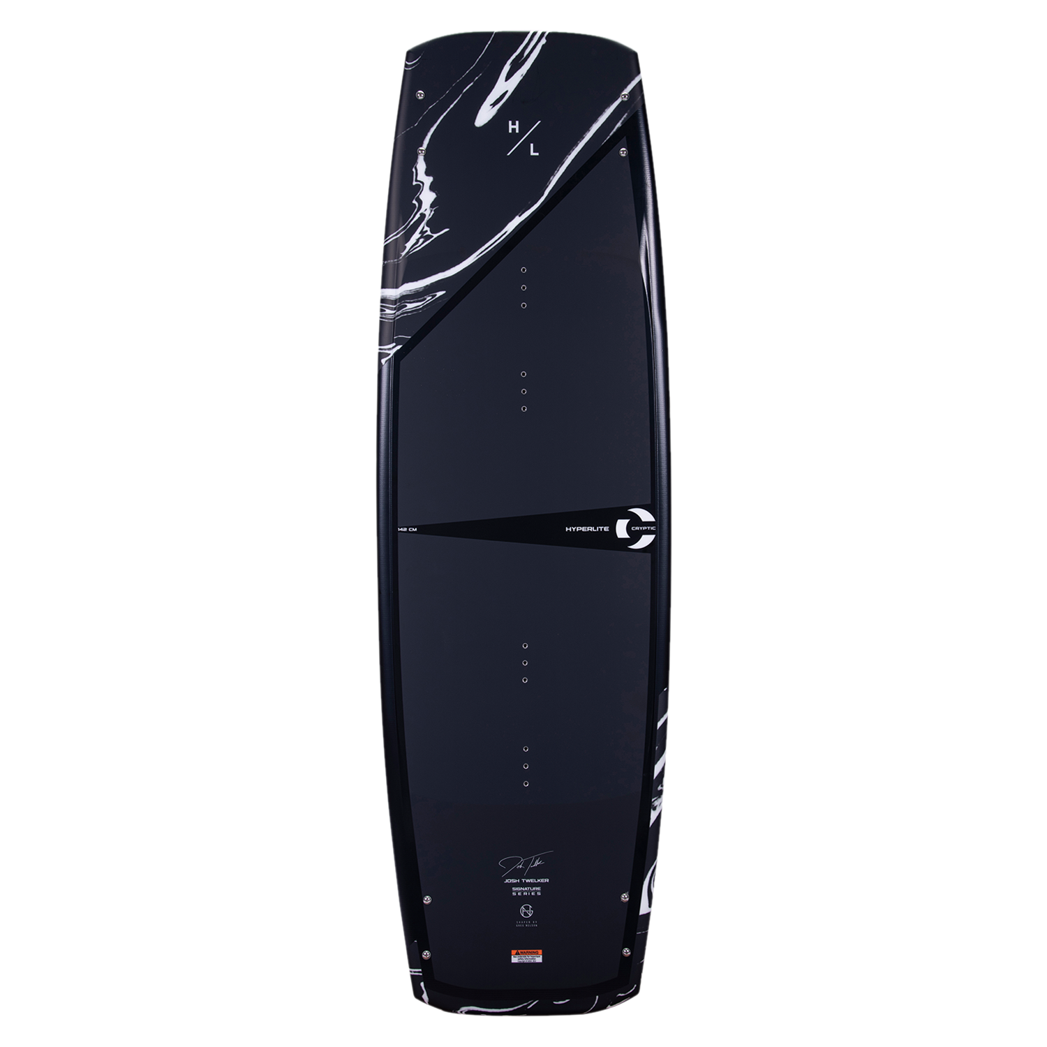 Hyperlite Junior's 128 Cryptic Wakeboard 2023 - A black wakeboard with white marbling and a black strap.