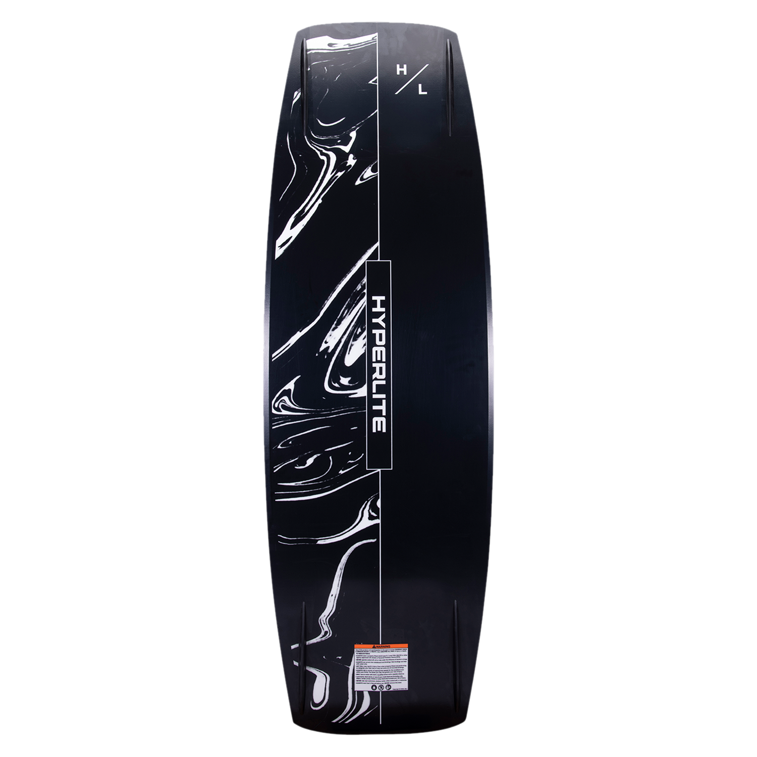 Hyperlite - Cryptic Wakeboard 2023 is a black wakeboard with white marbling and a rectangular logo on top.