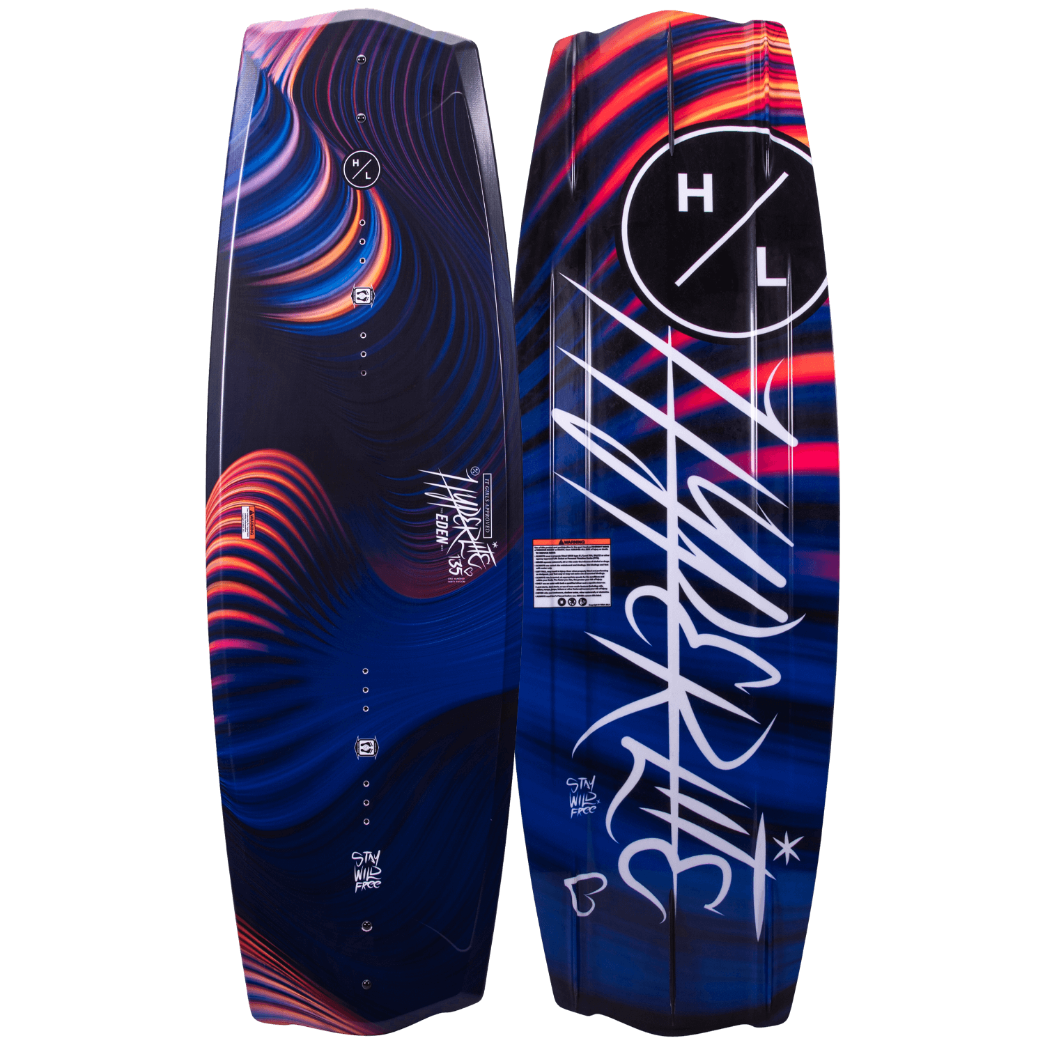 Hyperlite Eden Wakeboard 2023 - A navy blue wakeboard with a red and orange swirl design on top.