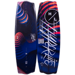 Hyperlite Eden Wakeboard 2023 - A navy blue wakeboard with a red and orange swirl design on top.