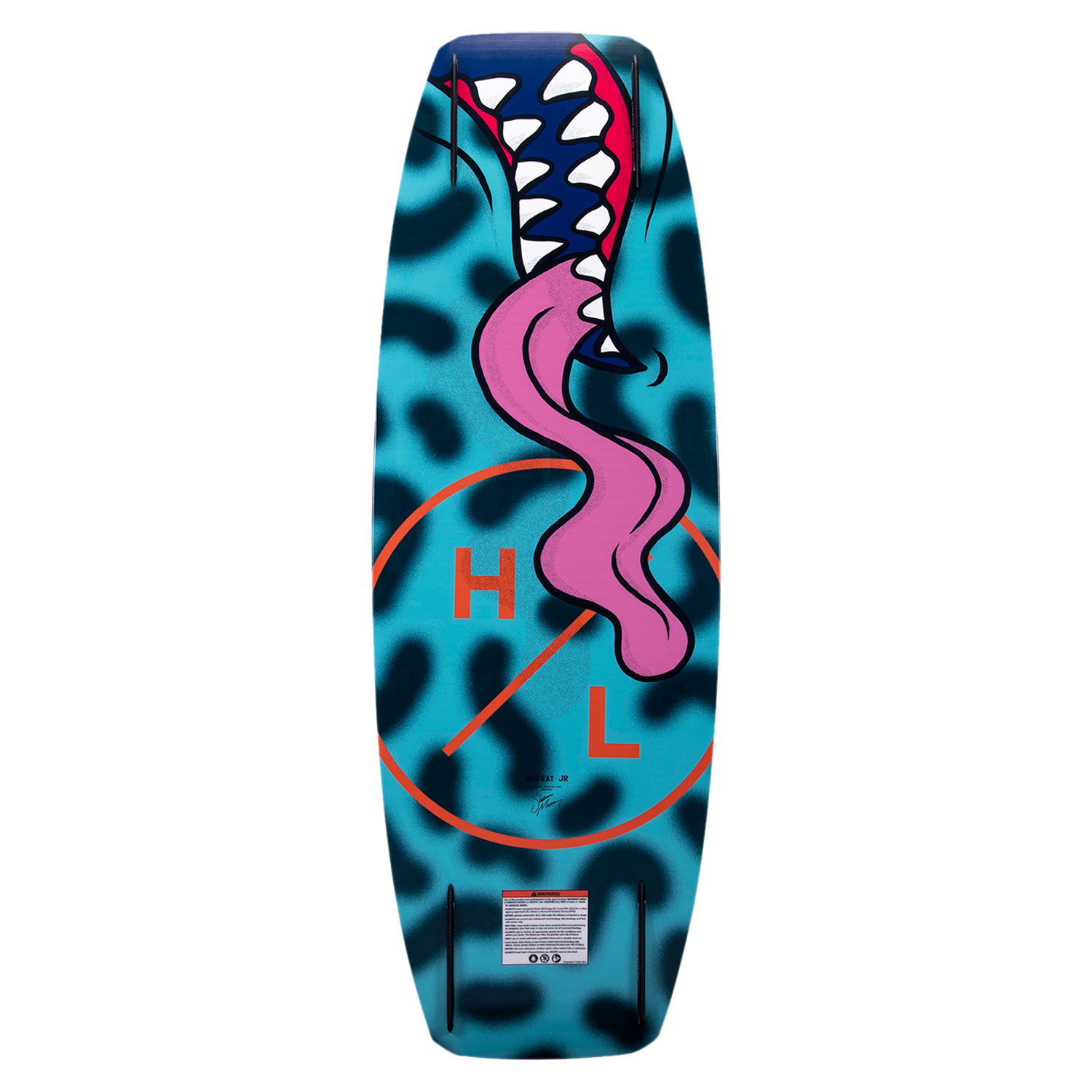 Hyperlite Junior's Murray Wakeboard 2023 - A blue wakeboard with a white and red logo on top, featuring a cartoon image of a boy riding a board.