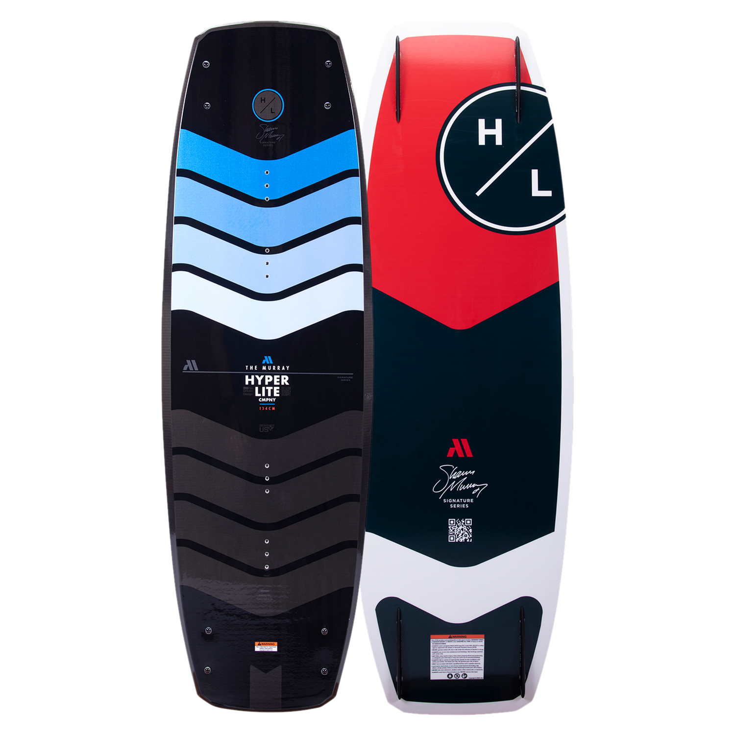 Hyperlite Murray Pro Wakeboard 2023 - A black, blue, white and gray wakeboard with a wavy pattern on top.