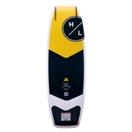 Hyperlite Murray Pro Wakeboard 2023 - A yellow, black, and white wakeboard with a circular logo featuring "H" and "L" in white letters on top of it.