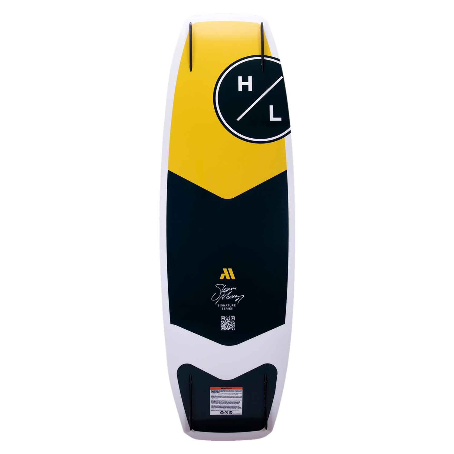 Hyperlite Murray Pro Wakeboard 2023 - A yellow, black, and white wakeboard with a circular logo featuring "H" and "L" in white letters on top of it.