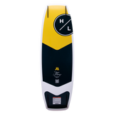 Hyperlite Murray Pro Wakeboard 2023 - A yellow, black, and white wakeboard with a circular logo featuring "H" and "L" in white letters on top of it.