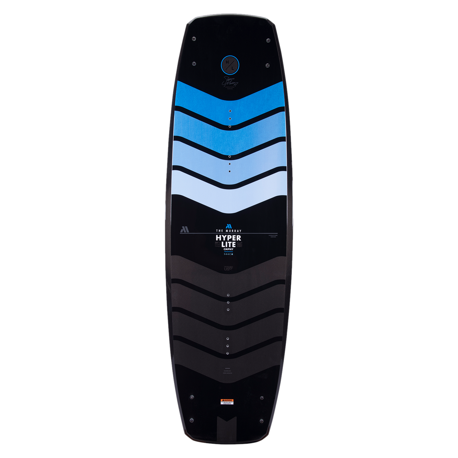 Hyperlite Murray Pro Wakeboard 2023 - A black wakeboard with a blue and white chevron pattern on top, featuring a circular logo at the top center.