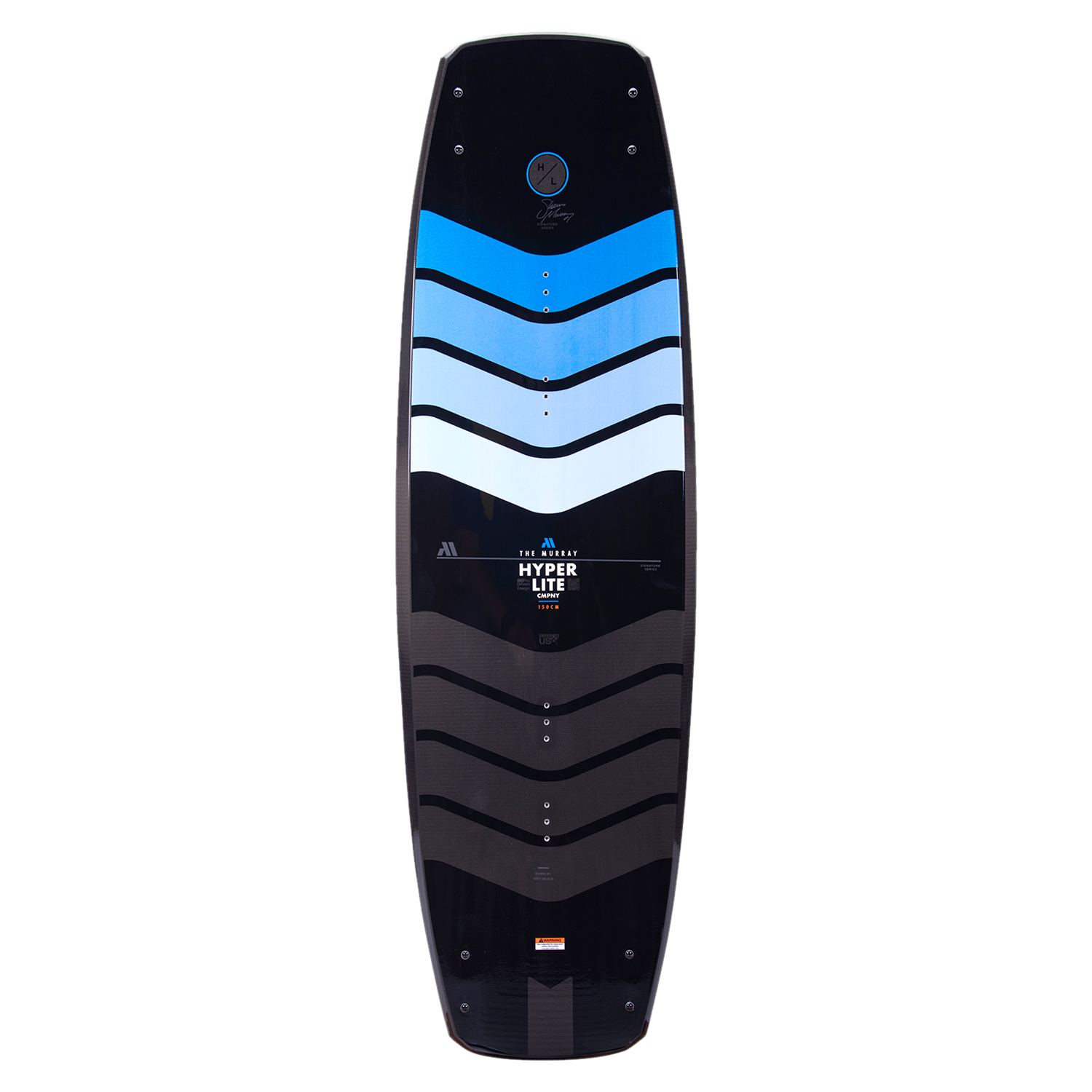 Hyperlite Murray Pro Wakeboard 2023 - A black wakeboard with a blue and white chevron pattern on top, featuring a circular logo at the top center.