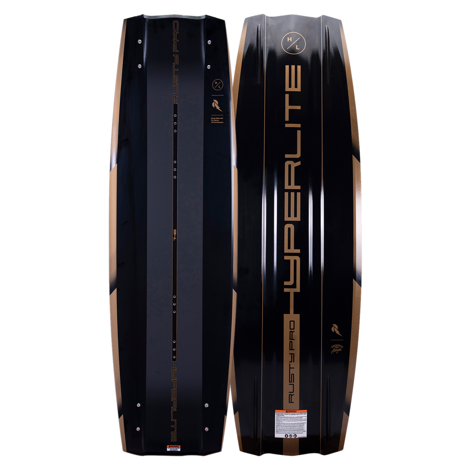 Hyperlite Rusty Pro Wakeboard 2023 - A black wakeboard with a brown stripe down the center and a small logo at the top.