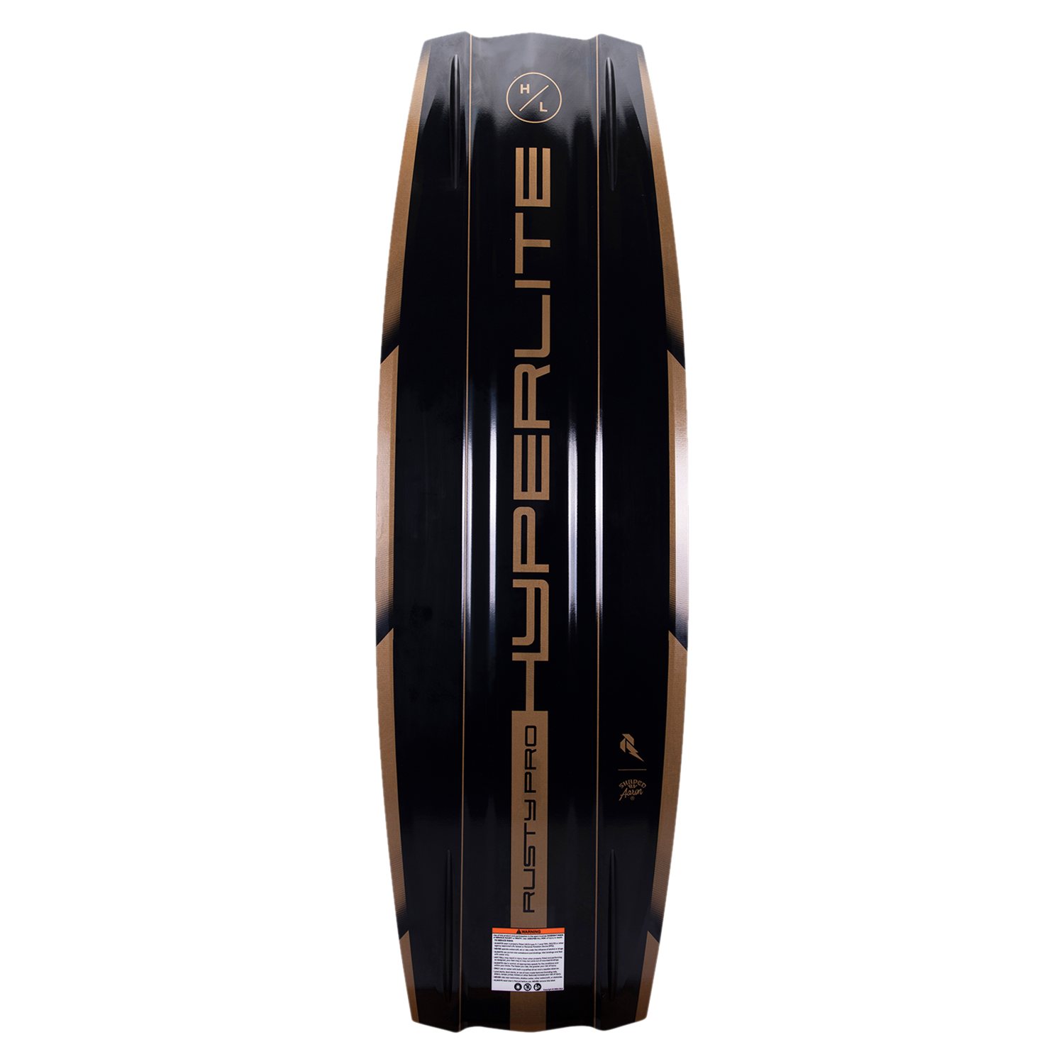 Hyperlite Rusty Pro Wakeboard 2023 - A black wakeboard with a brown stripe down the center and a white logo at the top.