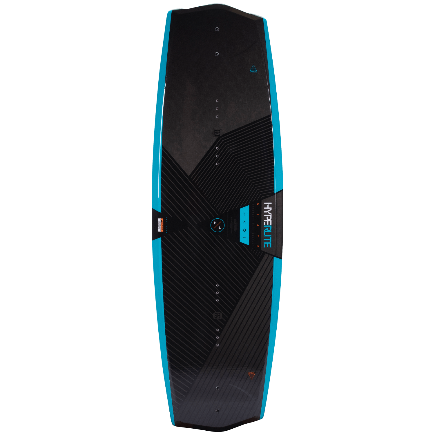 Hyperlite Junior's 125 State Wakeboard 2023 - A black wakeboard with a blue stripe down the middle and a small logo at the top.