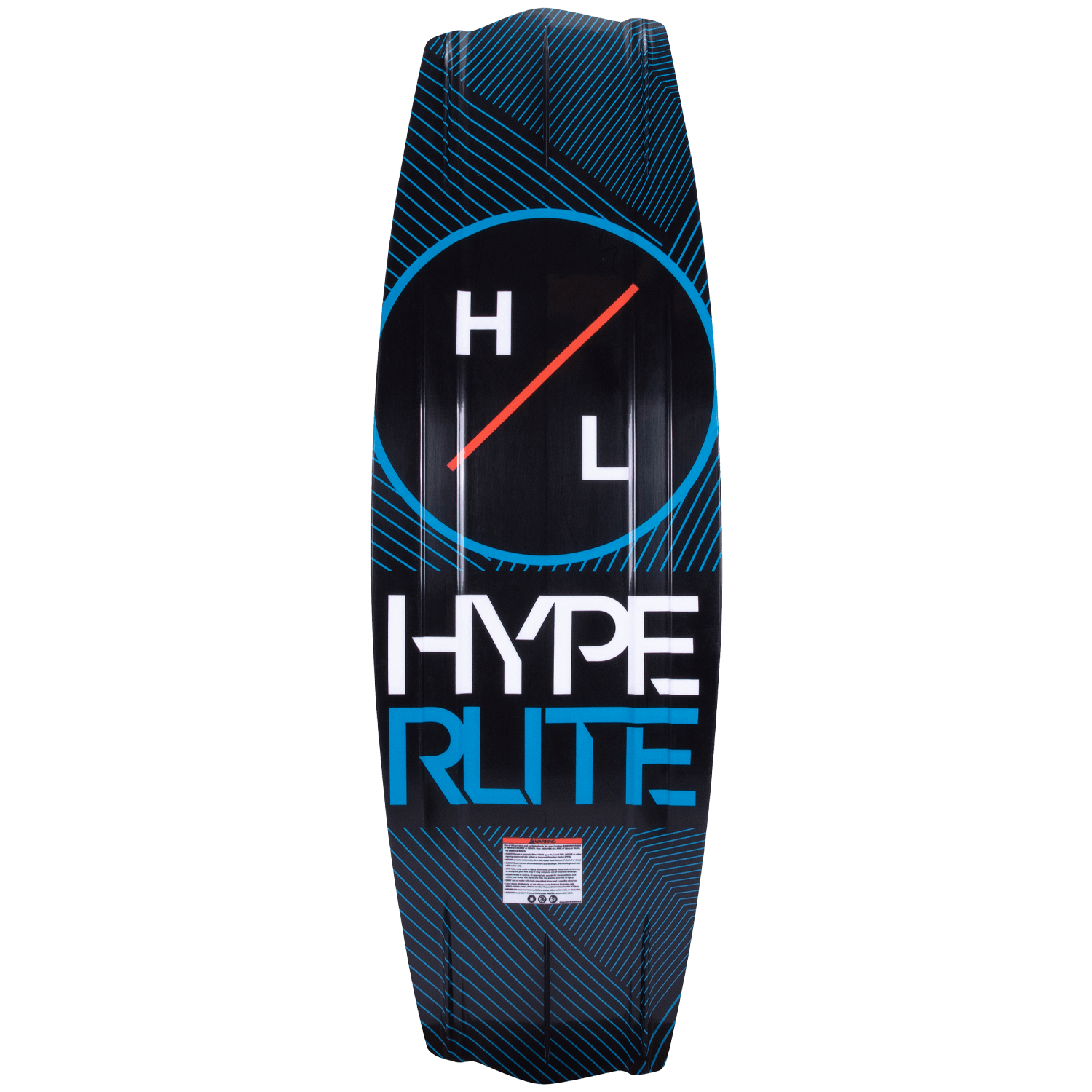 Hyperlite Junior's 125 State Wakeboard 2023 - A black wakeboard with a blue and white diagonal striped pattern, featuring a red logo on top.