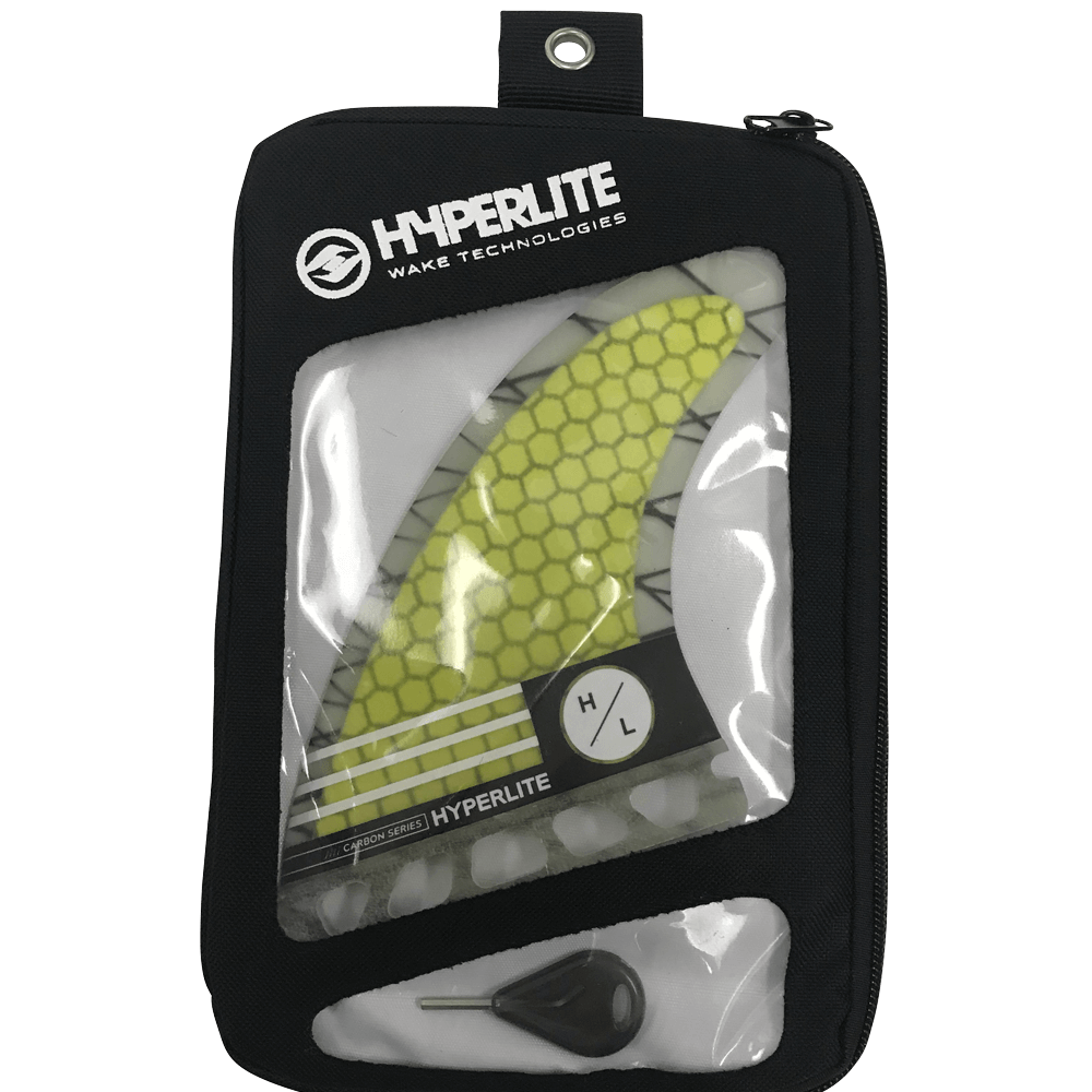 Hyperlite - 4.75 Carbon Surf Fin Set w/Key 2023 is packaged in a clear plastic bag with a black zipper and key attached to it.