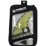 Hyperlite - 4.75 Carbon Surf Fin Set w/Key 2023 is packaged in a clear plastic bag with a black zipper and key attached to it.