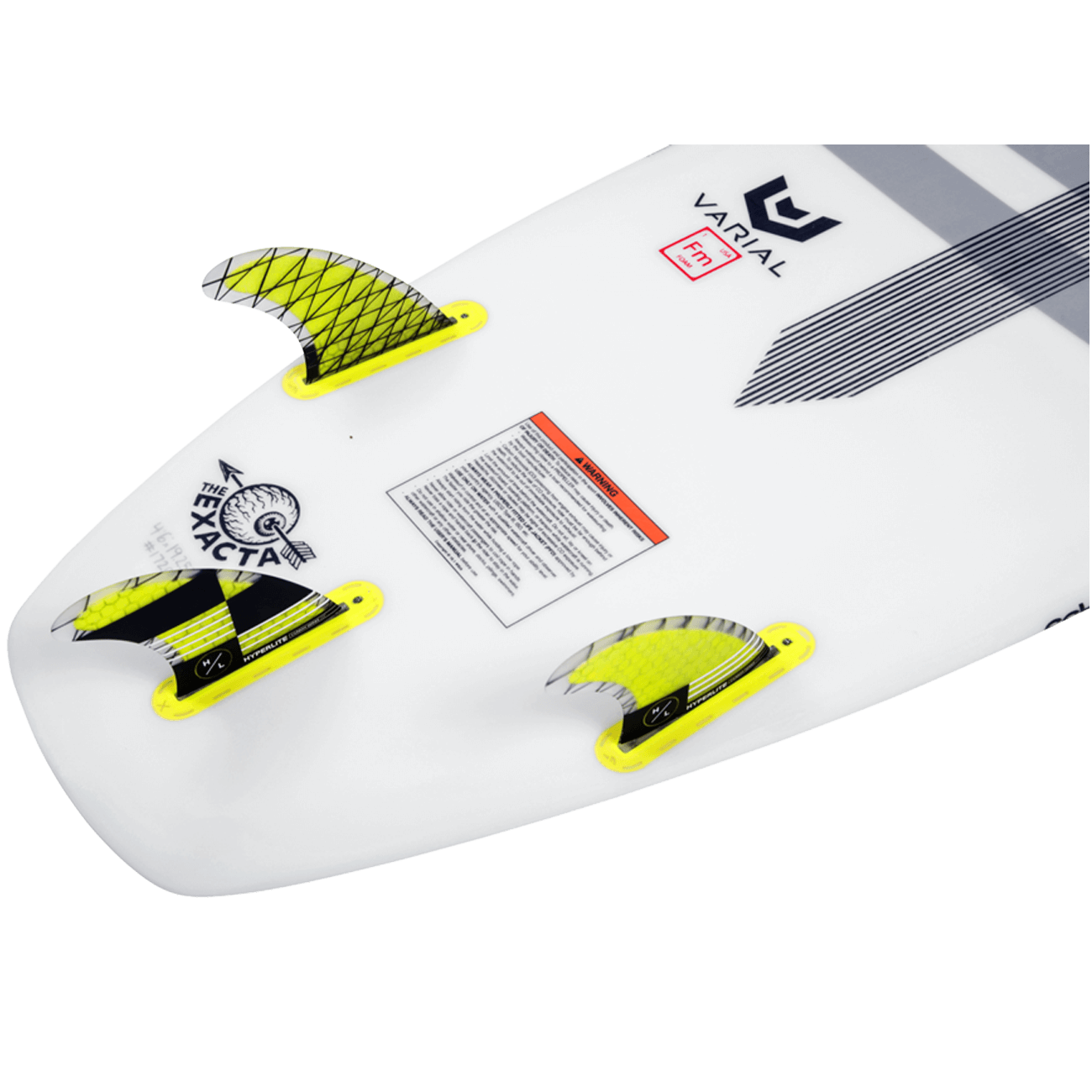 Hyperlite 4.75 Carbon Surf Fin Set w/Key - 2023 surfboard fins with black and white stripes on a transparent fin blade, mounted to a bright yellow base.