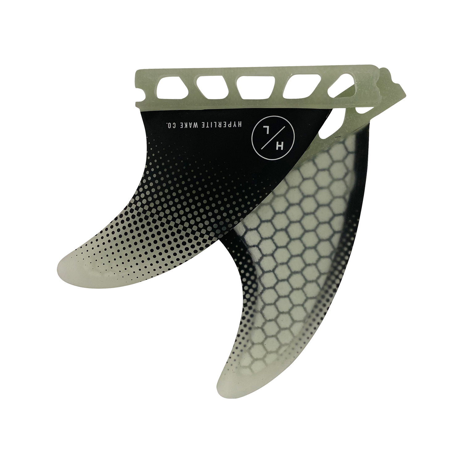 Hyperlite 3.5 Flux Fin Set w/Key - 2023 fin set is black with a white logo and features a honeycomb pattern on the top portion of each fin.