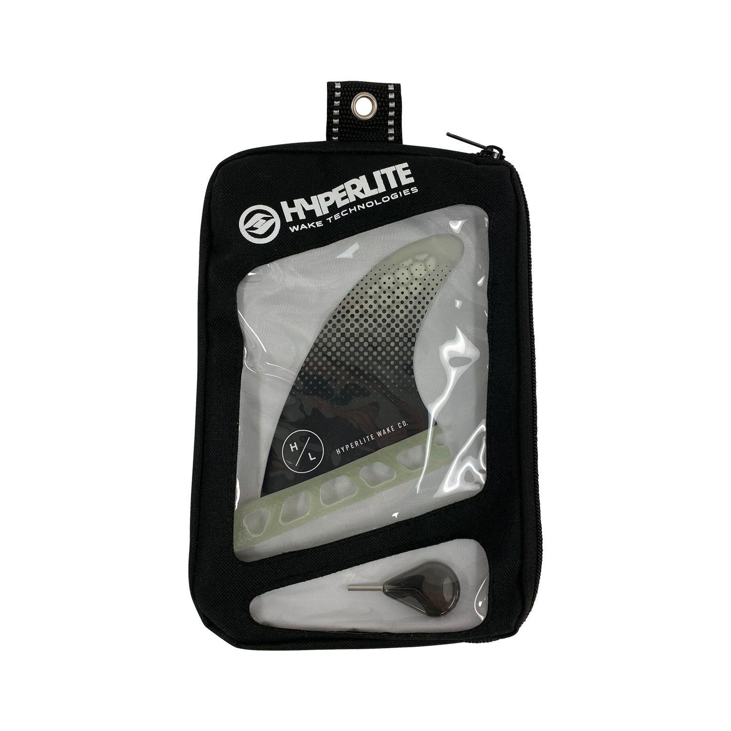 Hyperlite 3.5 Flux Fin Set w/Key - 2023 fin set with a black and white patterned design on the top fin, featuring a greenish tint at the tip.