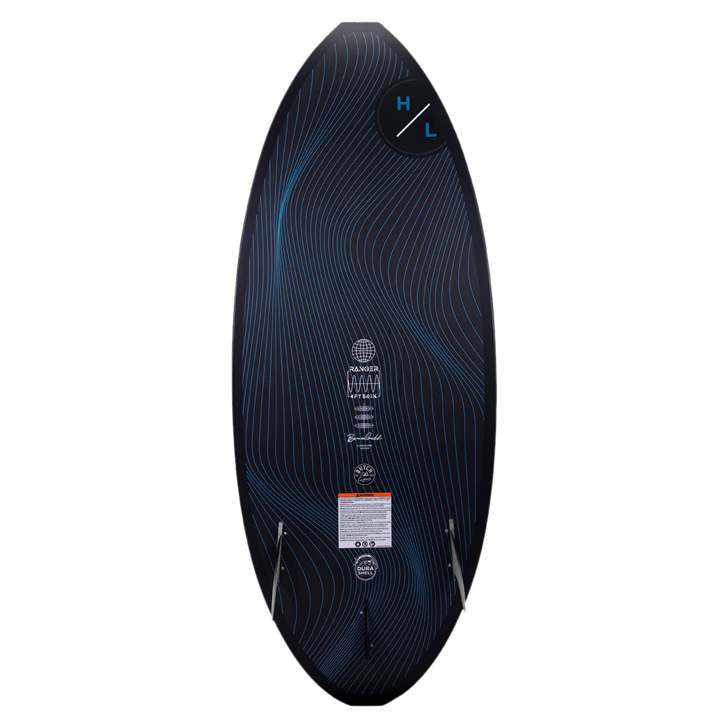 Hyperlite Ranger Wakesurf Board 2023 - A black wakesurf board with blue lines and a white logo that says "RANGER" on it.
