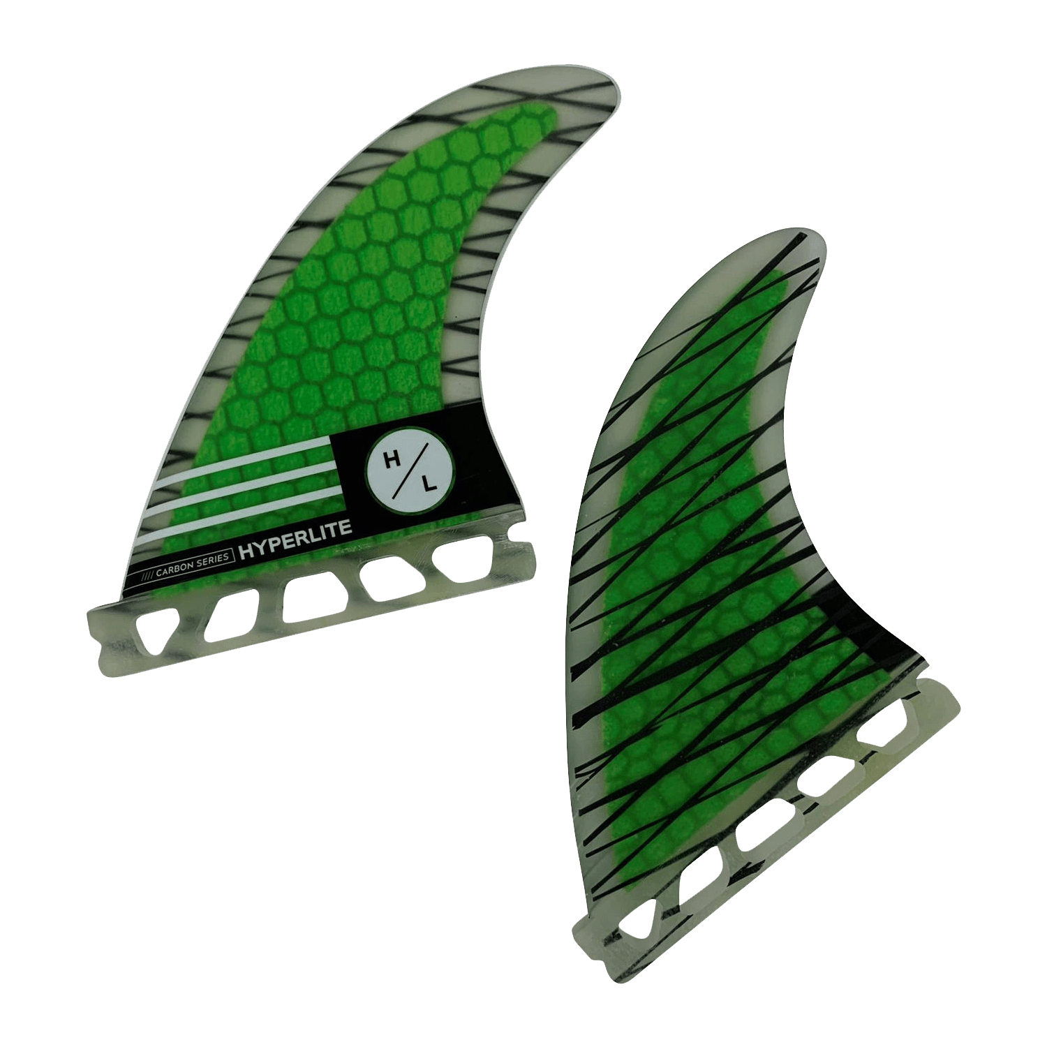 Hyperlite - 4.5" Riot Carbon Surf Fin Set 2023 is shown in a green and black color scheme with a carbon fiber pattern on the fin blade.