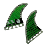 Hyperlite - 4.5" Riot Carbon Surf Fin Set 2023 is shown in a green and black color scheme with a carbon fiber pattern on the fin blade.