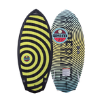 Hyperlite Shim Jr. Wakesurf Board 2023 - A black wakesurf board with a yellow and red logo in the center of its bottom.