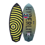 Hyperlite Shim Wakesurf Board 2023 - A black wakesurf board with a red and white logo on top, featuring a circular design with lines radiating from it.