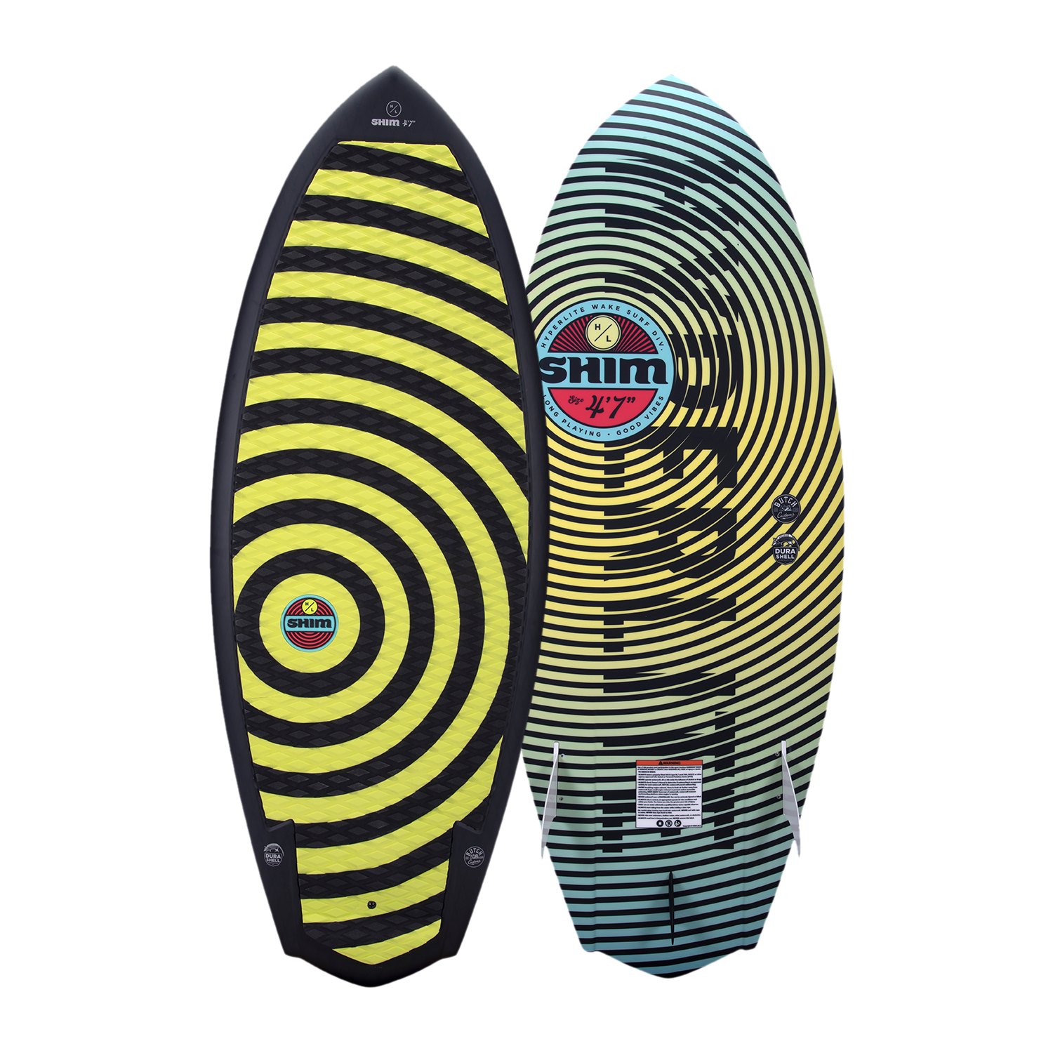 Hyperlite Shim Wakesurf Board 2023 - A black wakesurf board with a red and white logo on top, featuring a circular design with lines radiating from it.