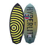 Hyperlite Shim Wakesurf Board 2023 - A black wakesurf board with a red and white logo on top, featuring a circular design with lines radiating from it.