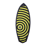 Hyperlite Shim Wakesurf Board 2023 - A black wakesurf board with a red and white logo on top of it.