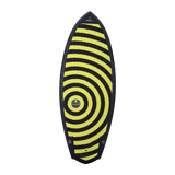 Hyperlite Shim Wakesurf Board 2023 - A black wakesurf board with a red and white logo on top of it.